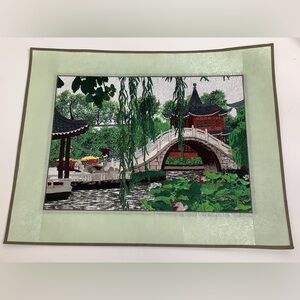 Vintage Oriental Asian Art Silk Thread Embroidery Needlework River Temple Bridge